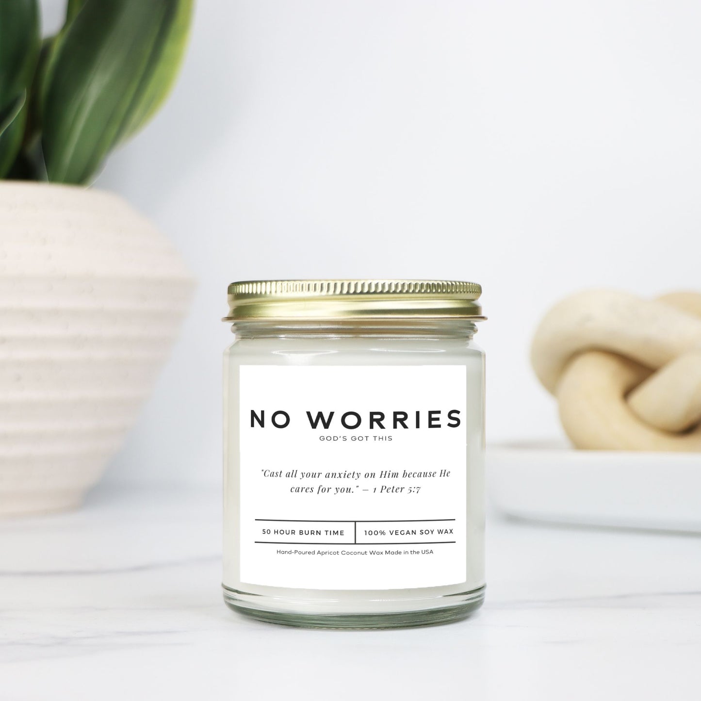 Christian home candle with a faith-inspired quote, designed for a modern aesthetic.