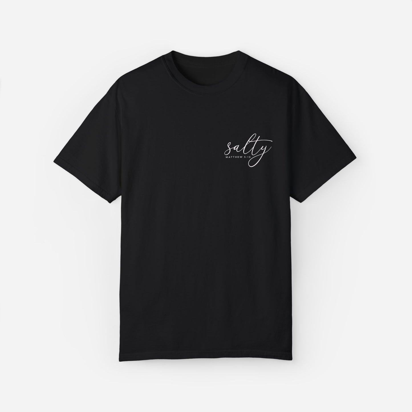 Faith-inspired black T-shirt for women with "Salty – Matthew 5:13" Bible verse