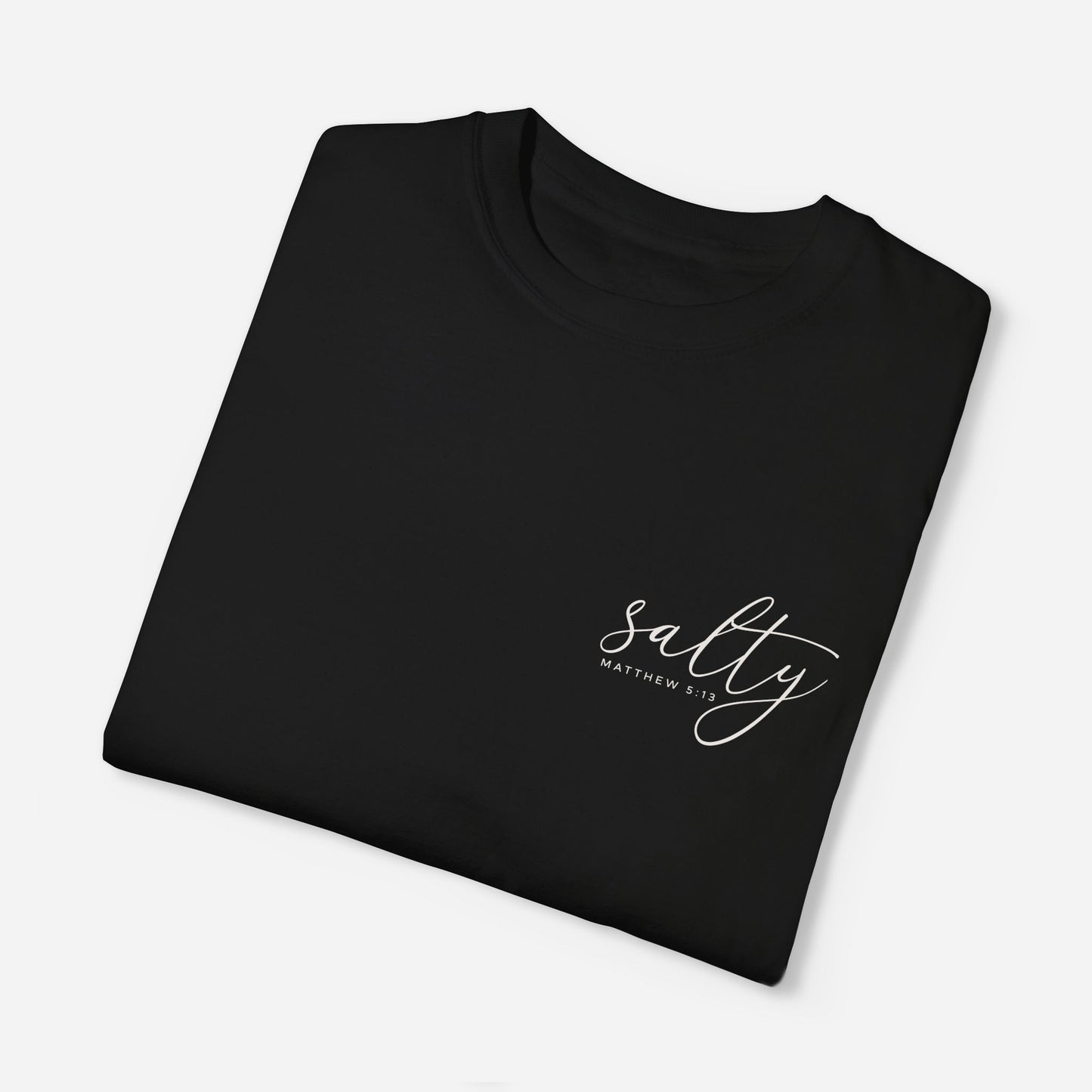 Women’s faith-based T-shirt – Black minimalist design with "Salty" Bible verse
