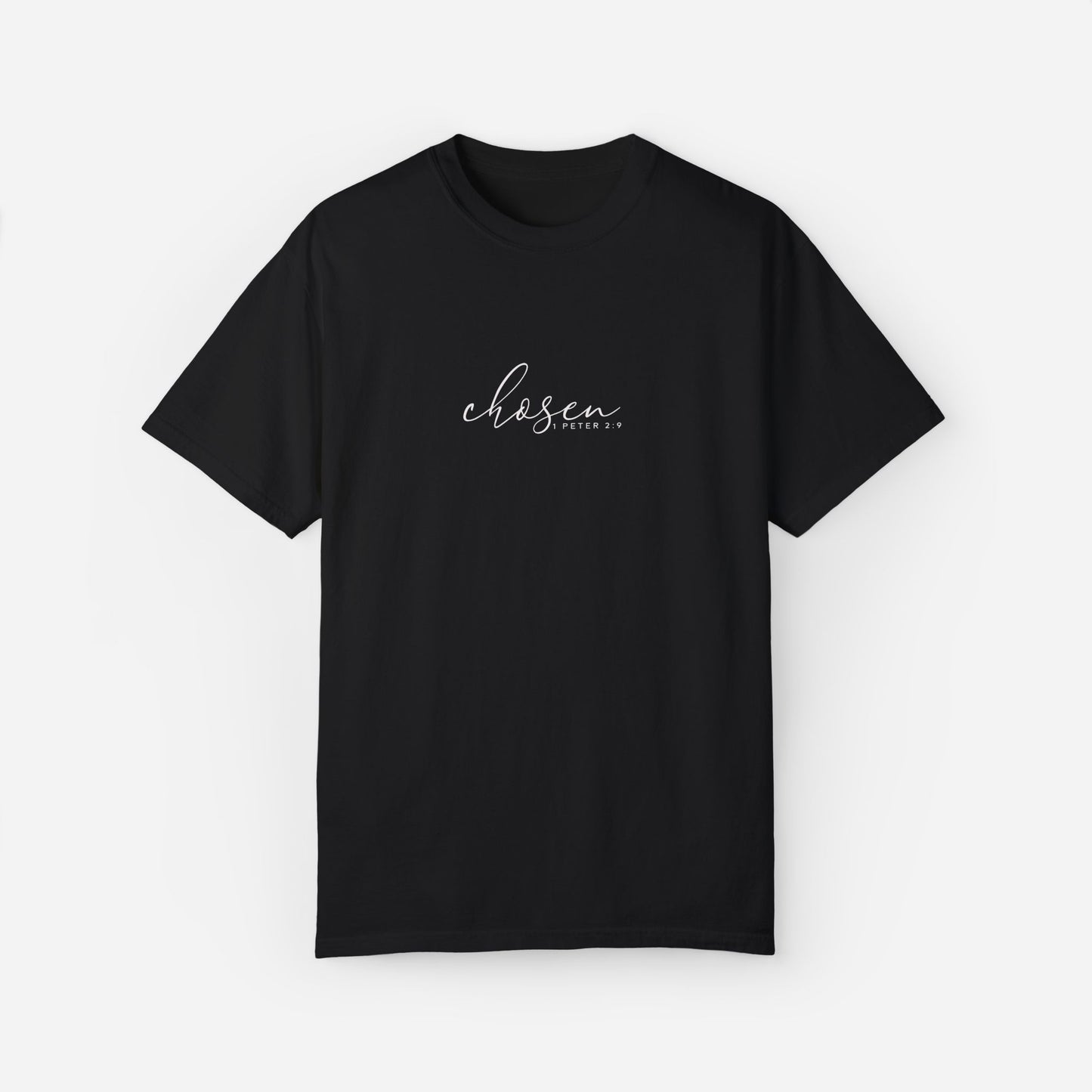 Minimalist black faith-based T-shirt with "Chosen – 1 Peter 2:9" Bible verse