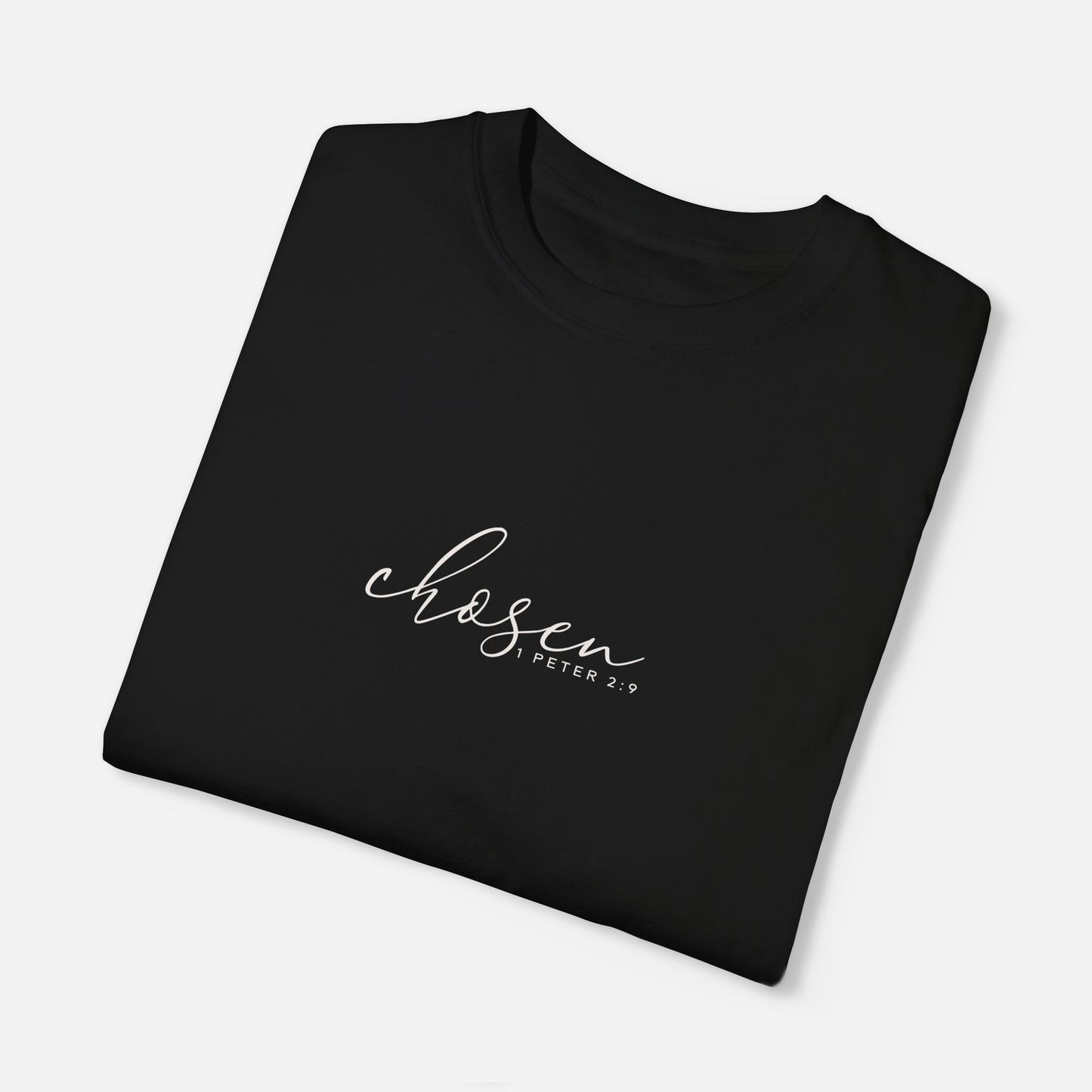 Premium black cotton T-shirt with "Chosen – 1 Peter 2:9" Christian message