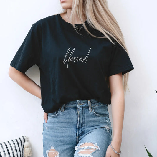 Black tshirt for women with 'blessed' written on the front in script font