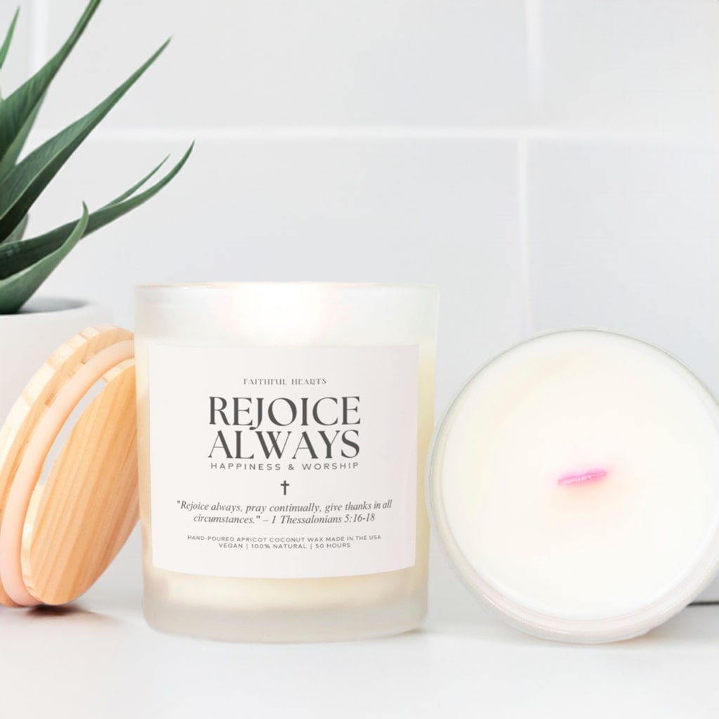 Non-toxic, hand-poured Christian candle in a luxurious frosted glass jar with a pink wooden wick, with scripture