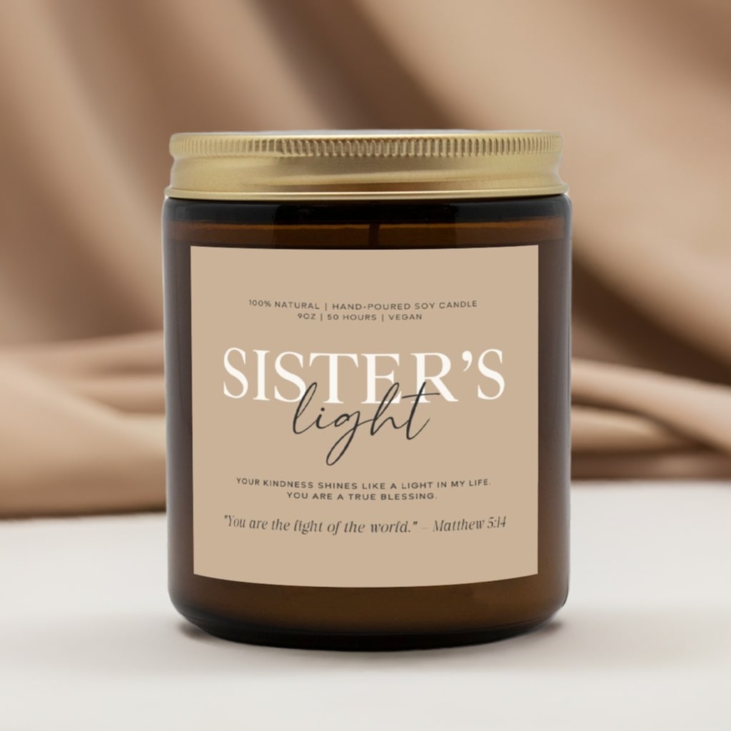 Hand-poured coconut soy wax candle for Sister, toxin-free, vegan.