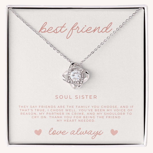 Waterproof white gold love knot necklace in gift box with Christian message card about friendship, perfect best friend gift