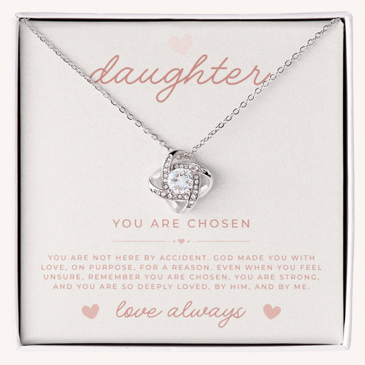 Necklace with white gold love knot pendant in a 'daughter' themed box