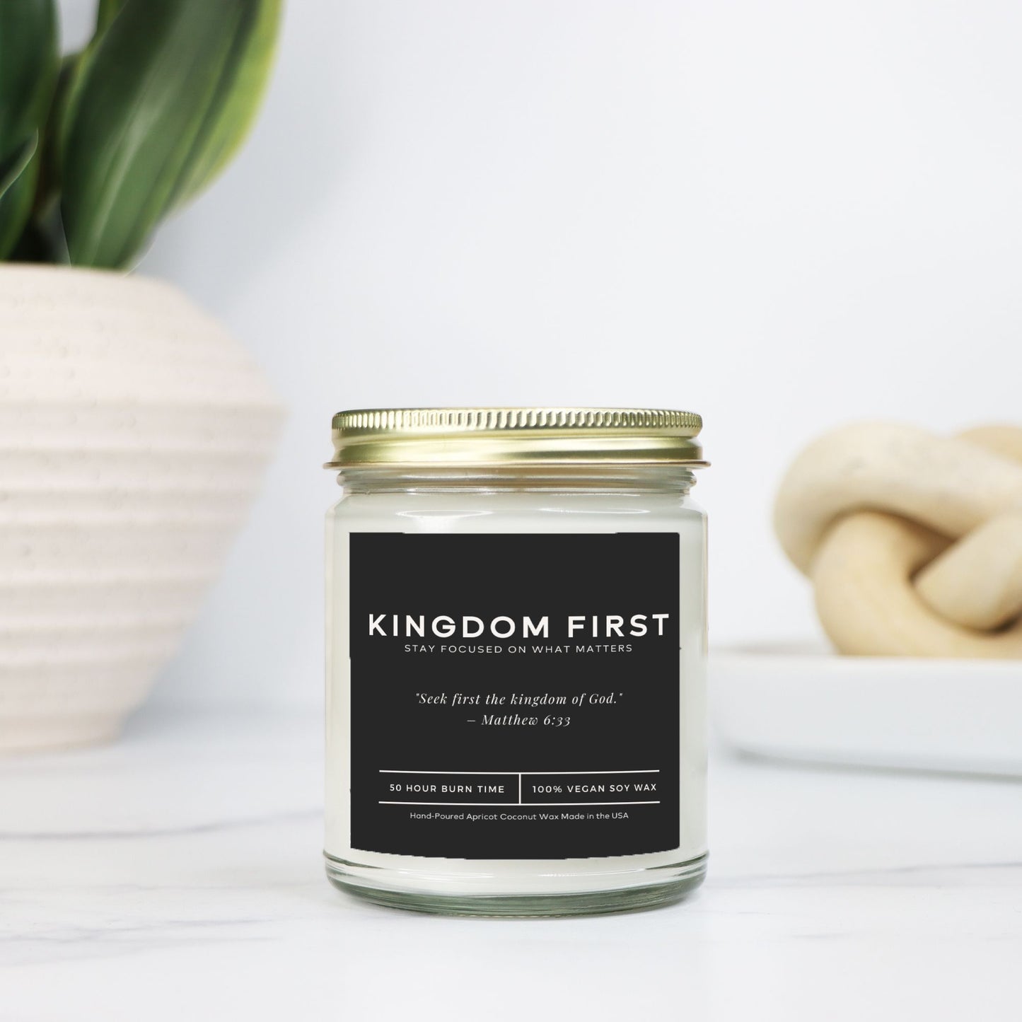 Faith-based vegan soy candle for men, non-toxic with minimalist design and Bible verse for inspiration.