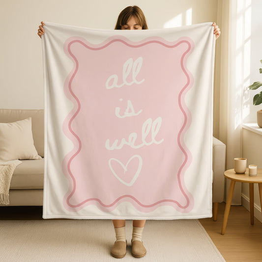 Peaceful cozy blanket with pastel tones and inspirational faith message
