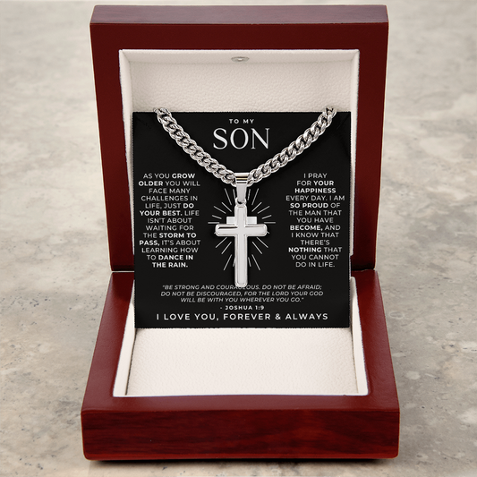 Engraved Christian cross necklace for son, a reminder of faith with message card inside with a prayer for him.