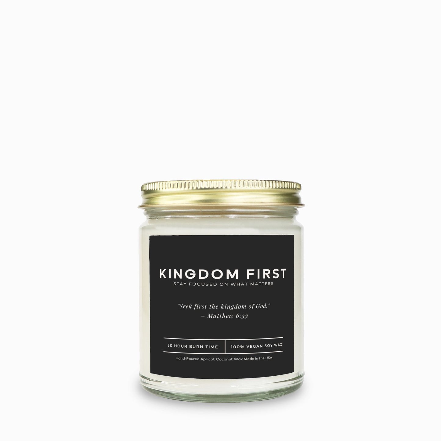Non-toxic, minimalist vegan soy candle for men, with Bible verse and faith reminder.