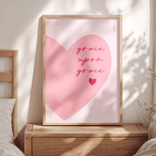 Grace Upon Grace wall art for women – soft pink Christian print, modern minimalist faith décor for bedrooms, nurseries, or prayer corners.