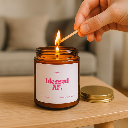 Blessed AF faith candle with pink label and star design in amber glass jar gratitude gift