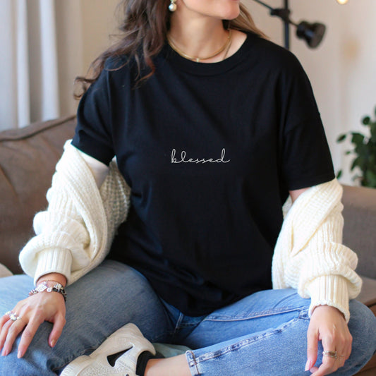 Women’s black Christian T-shirt with minimalist "Blessed" design