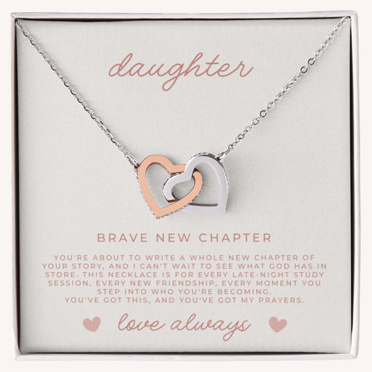 Interlocking hearts necklace college gift for daughter with brave new chapter message card