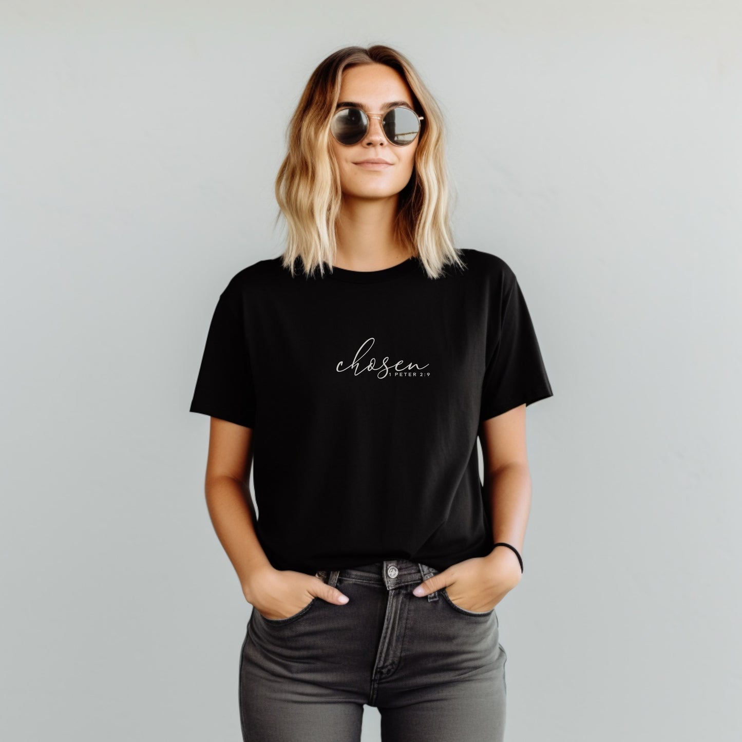 Black Christian T-shirt with "Chosen – 1 Peter 2:9" printed on the front