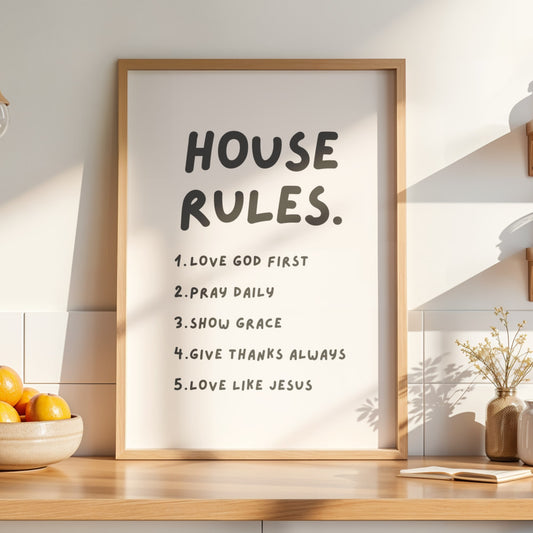 Christian house rules wall art print with faith-based family values, inspirational décor for living rooms, entryways, or kitchens.