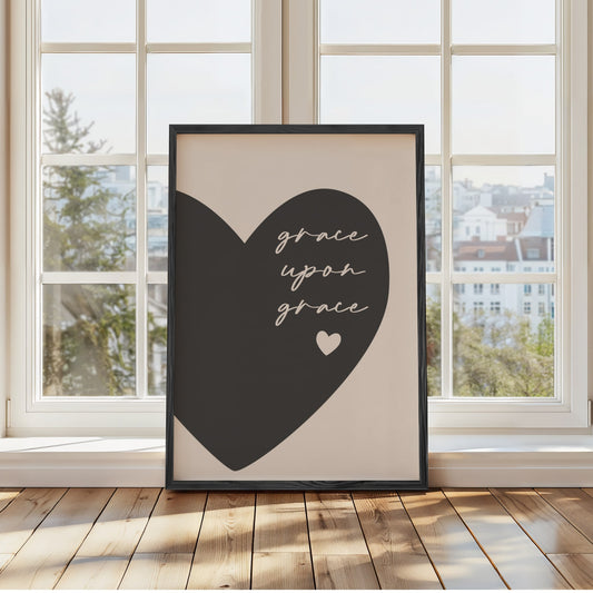 Grace Upon Grace wall art print with charcoal heart and elegant lettering, modern minimalist Christian décor for bedrooms or prayer corners.