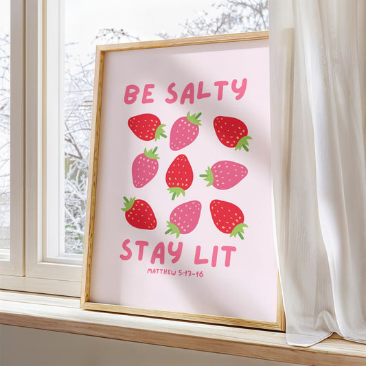 girly bible verse wall poster with matthew 5 15 verse with a strawberry, fun design