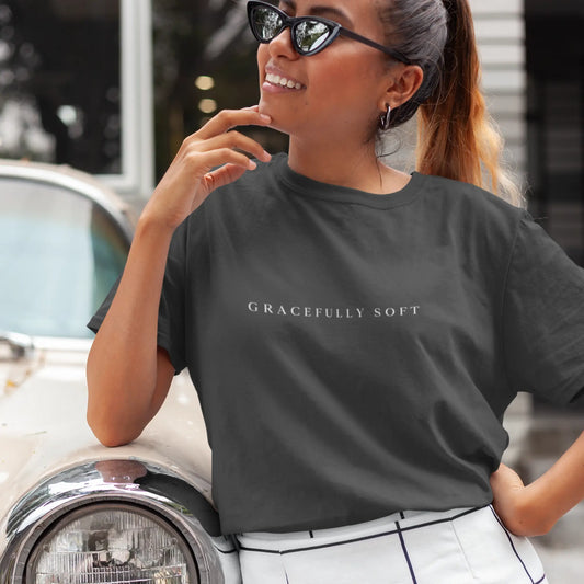 Pepper-colored 'Gracefully Soft' Christian t-shirt with minimalist serif typography