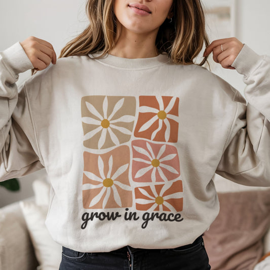 Grow In Grace aesthetic sweatshirt in beige with retro daisy block print design, boho Christian faith crewneck for women