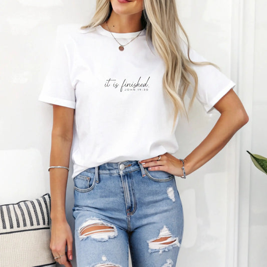 Women’s white Christian T-shirt with "It Is Finished – John 19:30" in elegant script