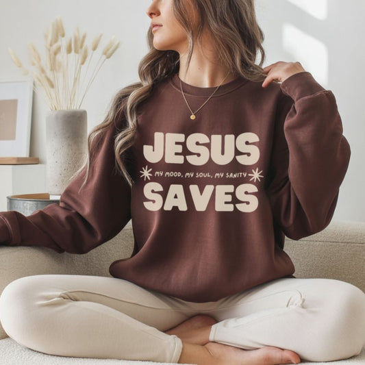 Jesus Saves crewneck sweatshirt in chocolate brown with cream lettering, women's Christian apparel by Faithful Hearts Co