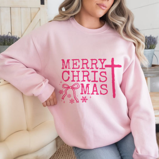 Merry ChrisTmas sweatshirt in soft pink with hot pink cross replacing the T, Christian Christmas faith crewneck for women