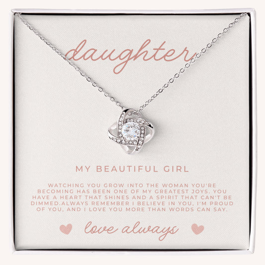 White gold love knot necklace for daughter with cubic zirconia stone and heartfelt message card gift