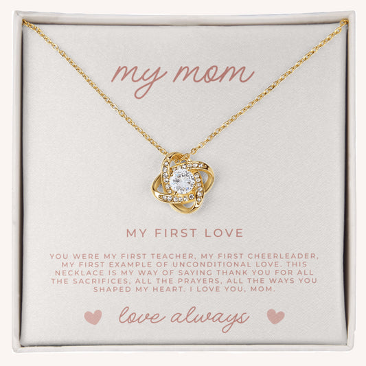 Waterproof love knot necklace for Mom in gift box with touching Christian message card about love, sacrifice, and gratitude
