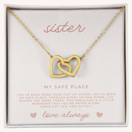 Gold necklace with interlocking hearts with a loving, faith filled message card for sisters