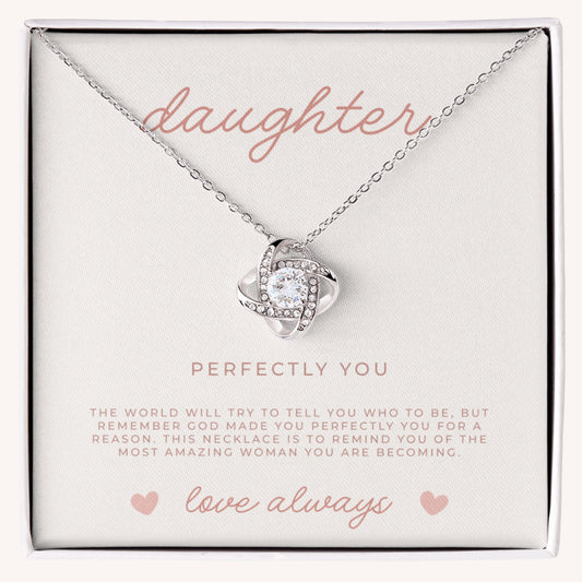 Silver love knot necklace in a 'daughter' gift box with sentimental message.