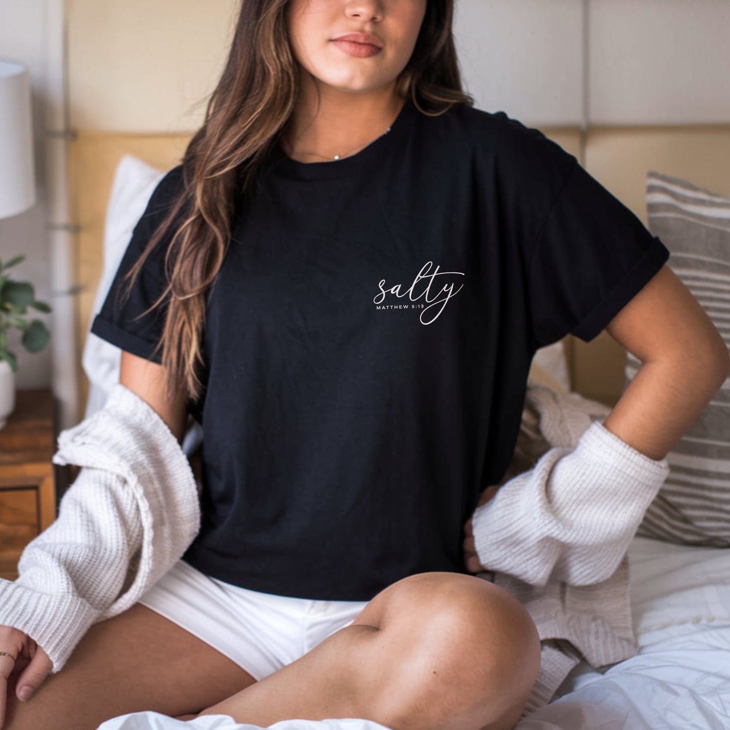 Premium cotton black T-shirt with "Salty – Matthew 5:13" for Christian women