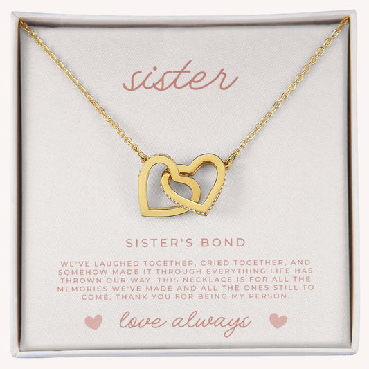 Waterproof gold interlocked hearts necklace in gift box with “To My Sister” faith-filled message card, perfect sentimental sister gift