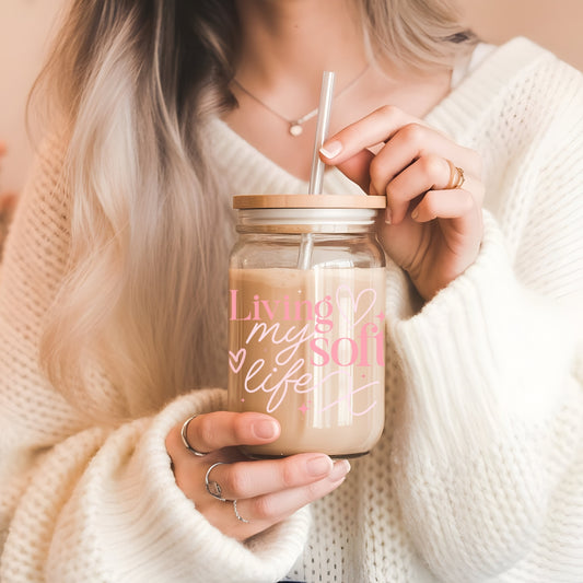 Aesthetic sipper glass with "living my soft life" quote. Perfect motivational drinkware for self-care & wellness lovers. Bamboo lid included. Soft vibes!