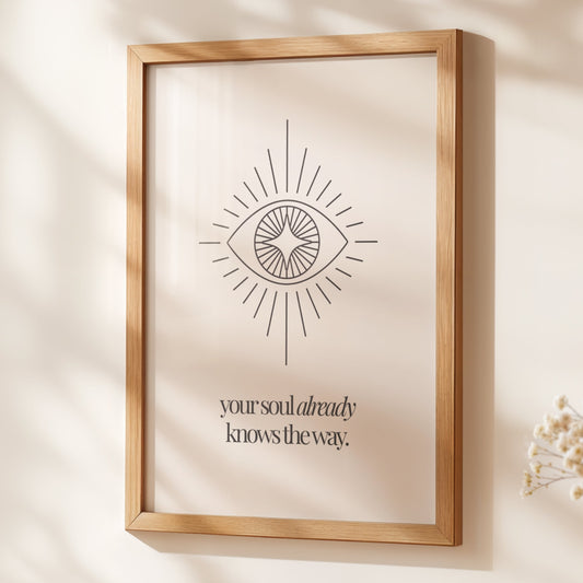 Your soul already knows the way spiritual wall art print featuring minimalist line art illustration of mystical eye with radiating sunburst lines and cross symbol, black text on cream background, faith-based intuition decor