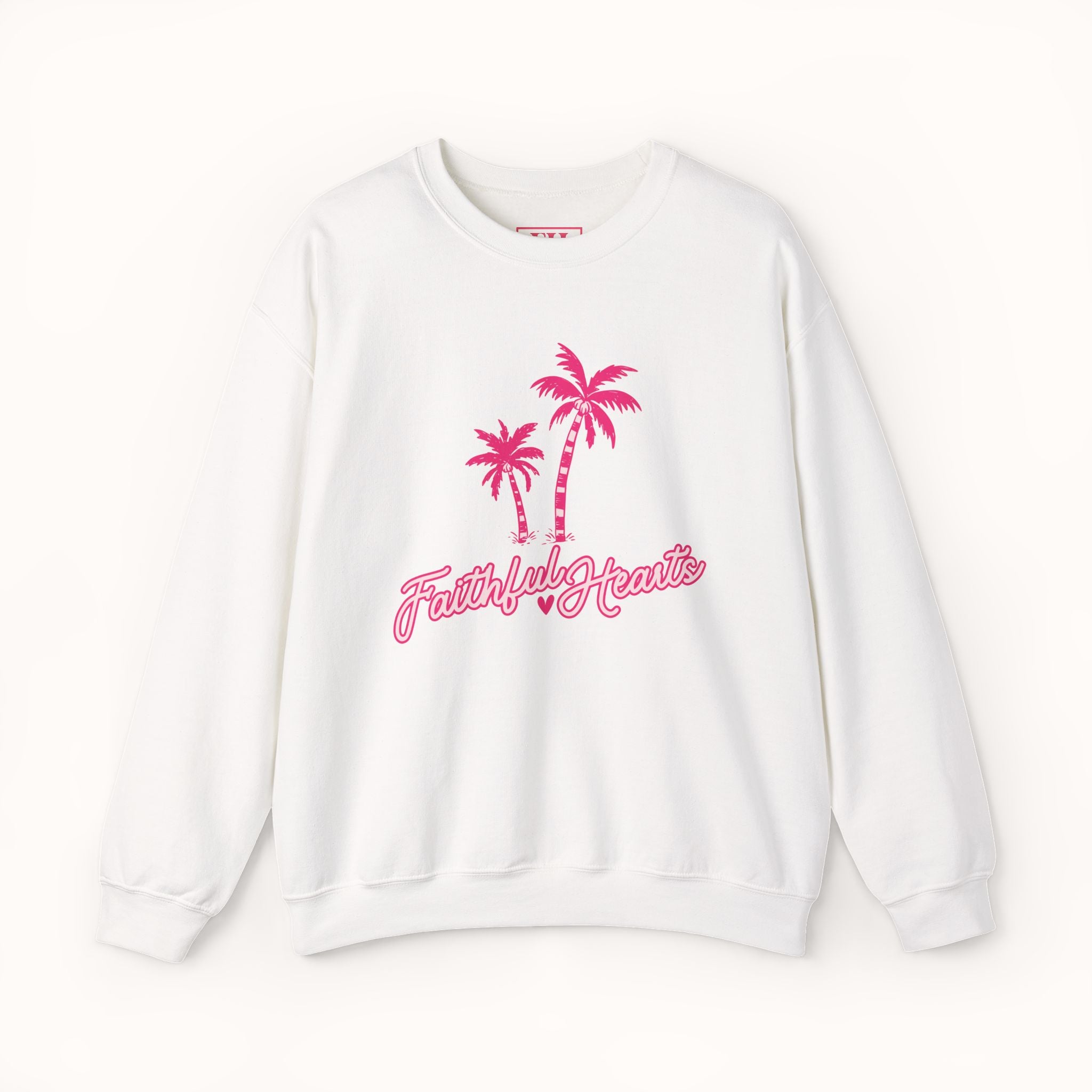 White sweatshirt with pink palm trees and 'Faithful Hearts' text on a white background