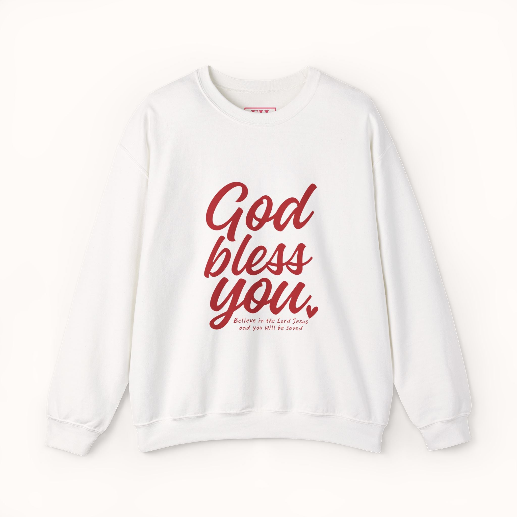 White sweatshirt with red text 'God bless you' on a white background