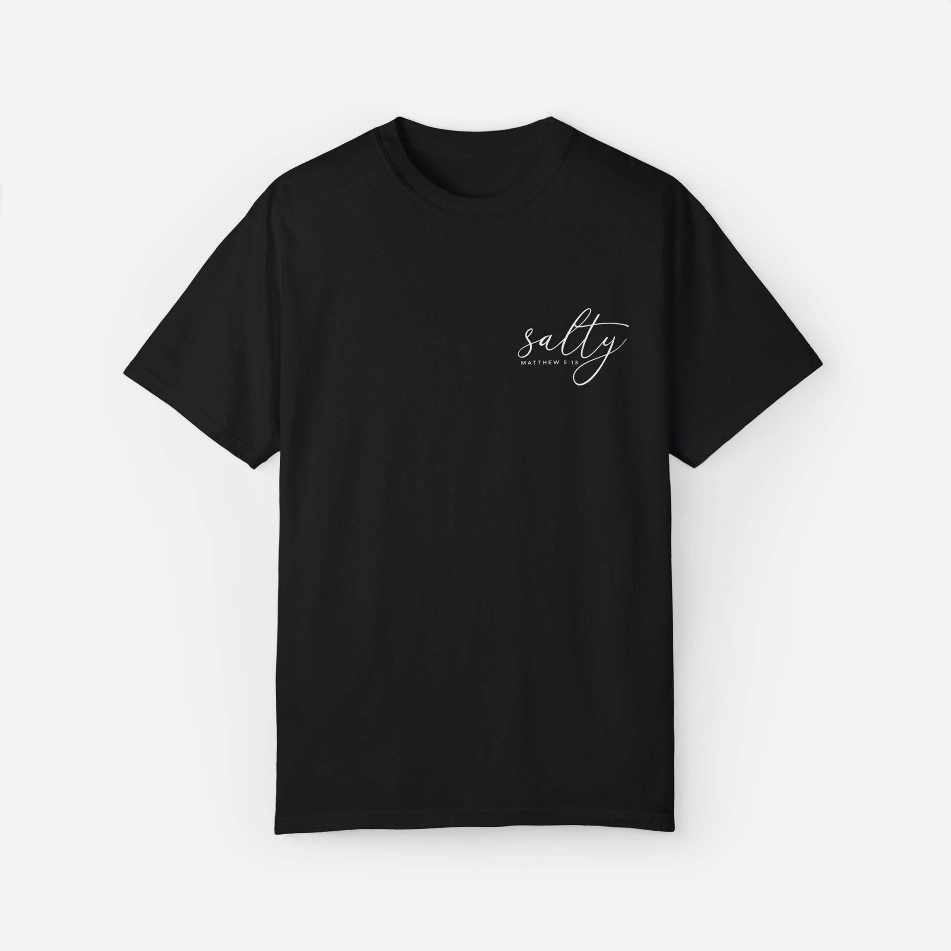 Faith-inspired black T-shirt for women with "Salty – Matthew 5:13" Bible verse