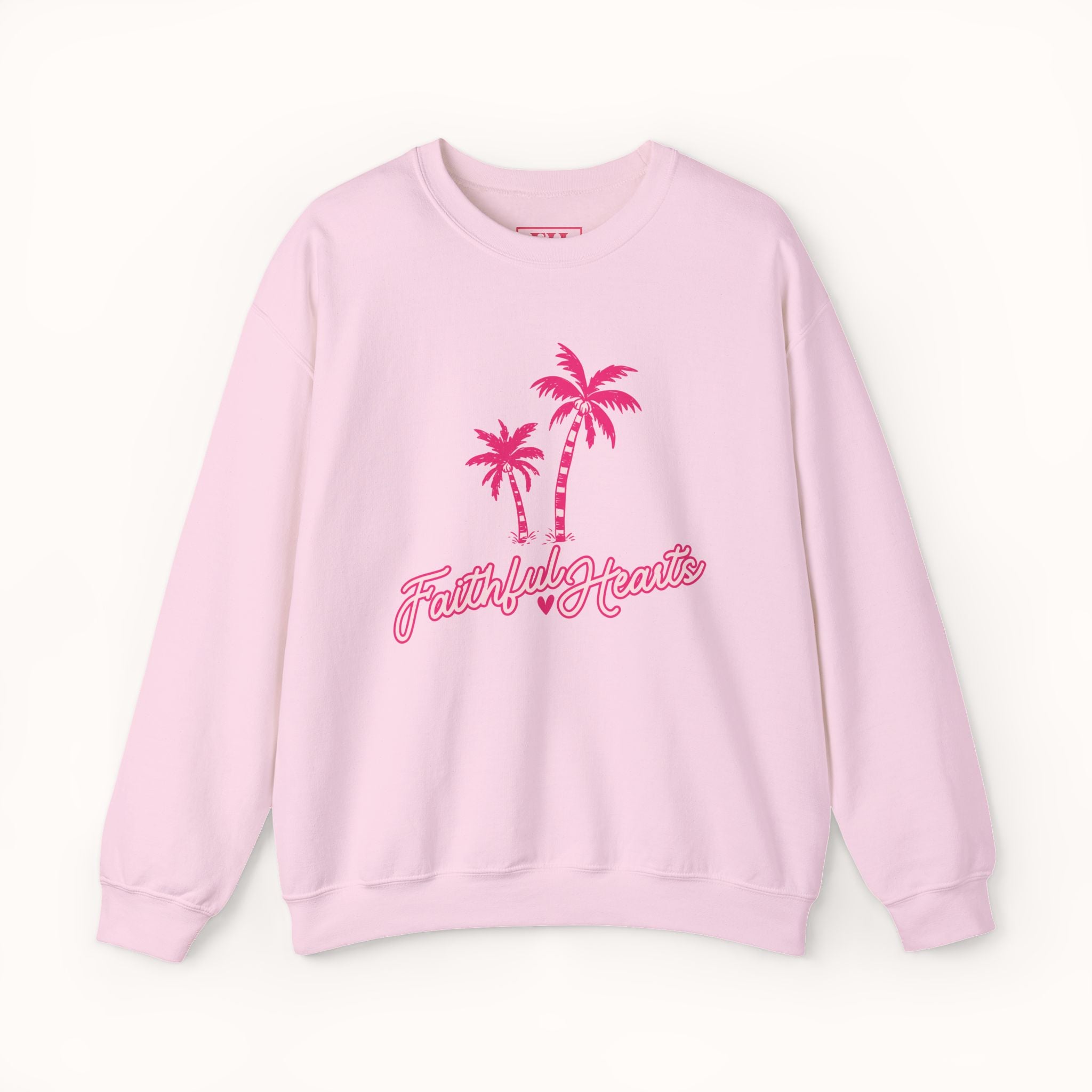 Pink sweatshirt with palm tree graphics and 'Faithful Hearts' text on a white background