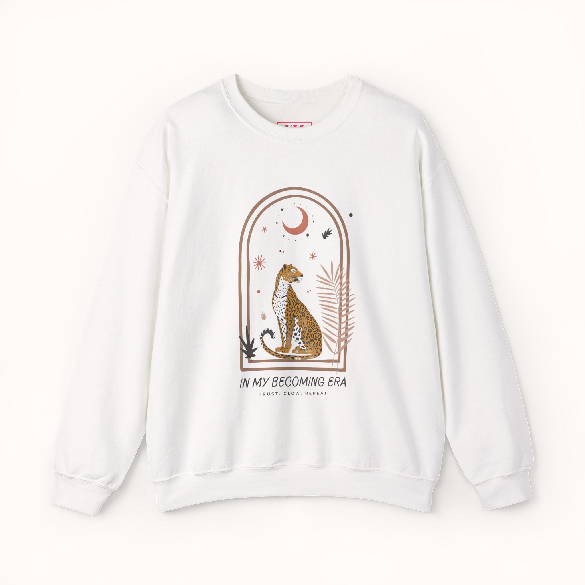 White sweatshirt with a cheetah graphic and text on a white background