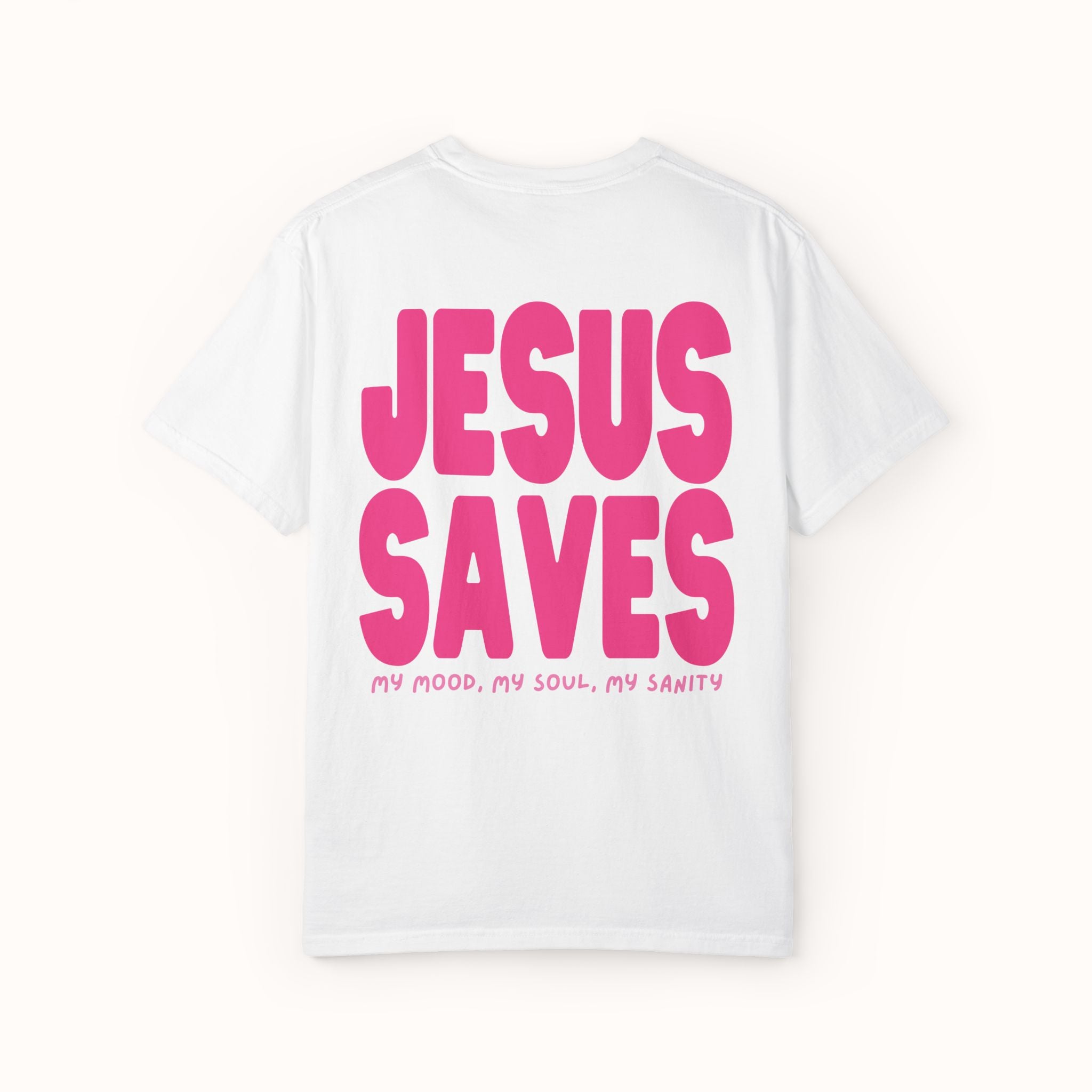 White t-shirt with pink 'Jesus Saves' text on a white background