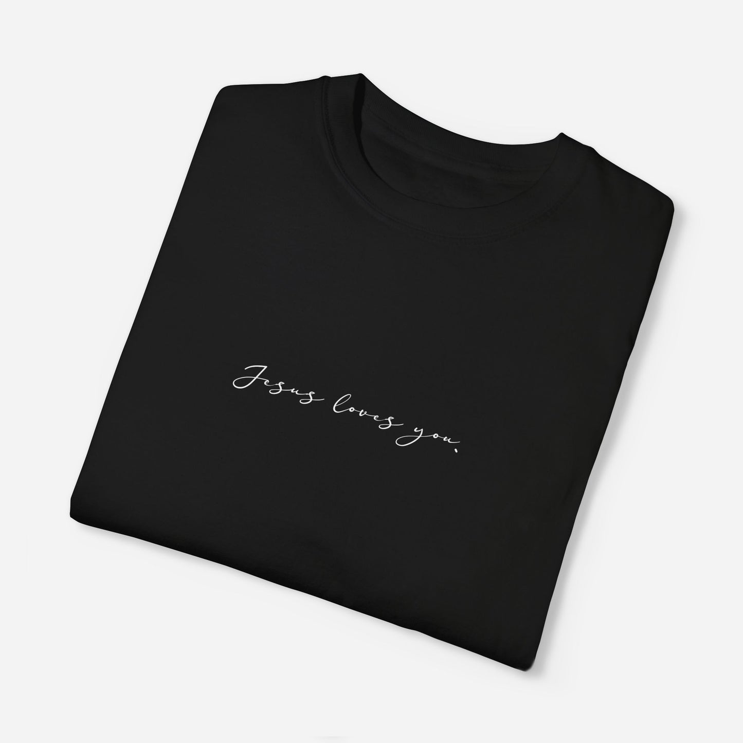 Women’s spiritual apparel – "Jesus Loves You." black T-shirt in script font