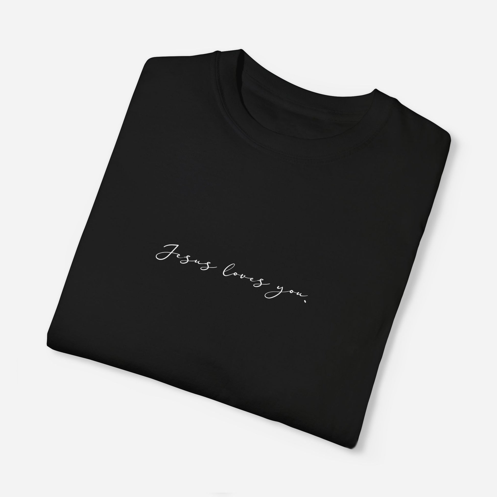 Women’s spiritual apparel – "Jesus Loves You." black T-shirt in script font