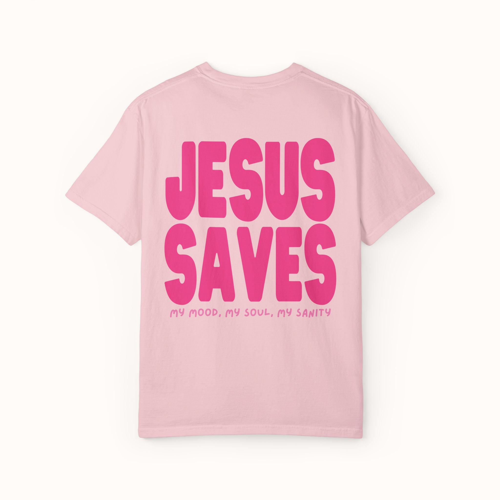 Pink t-shirt with 'Jesus Saves' text on a white background