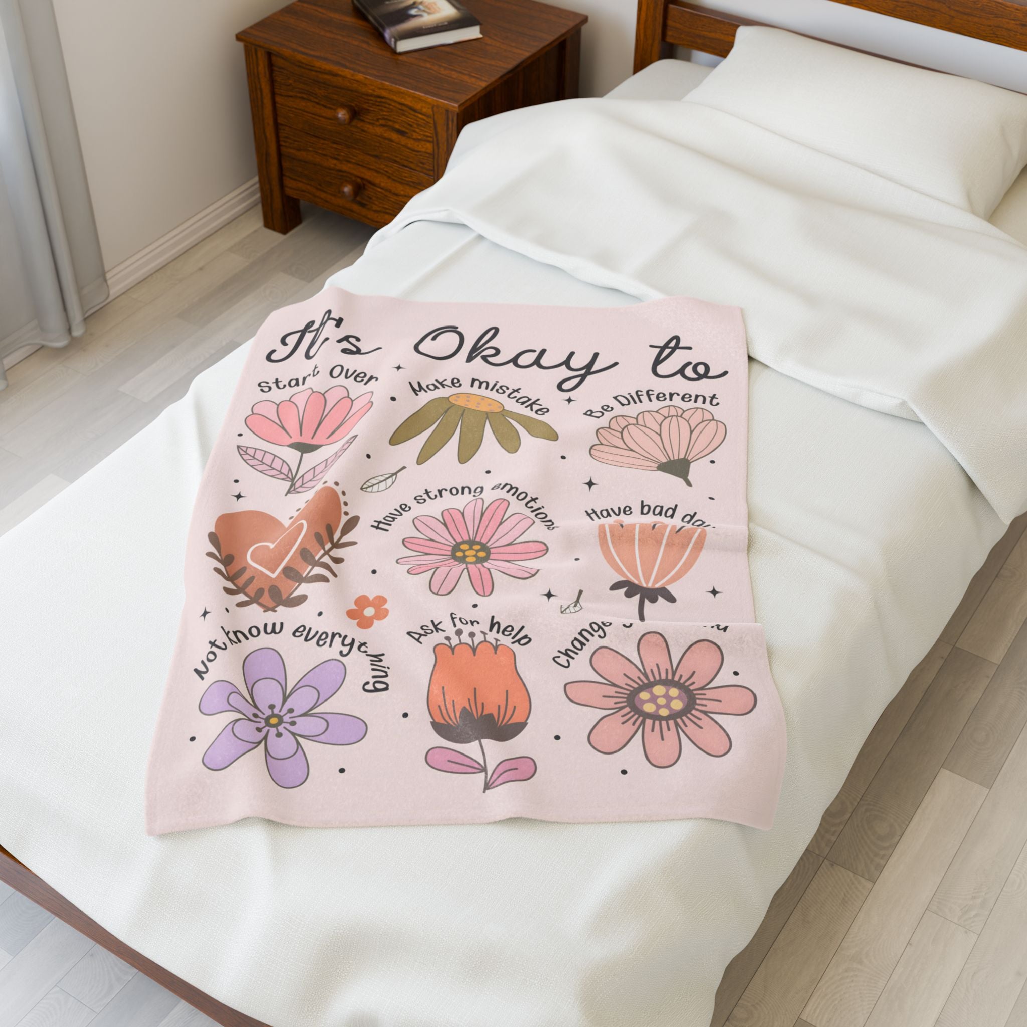 Comforting mental health gift blanket with motivational affirmations and floral print