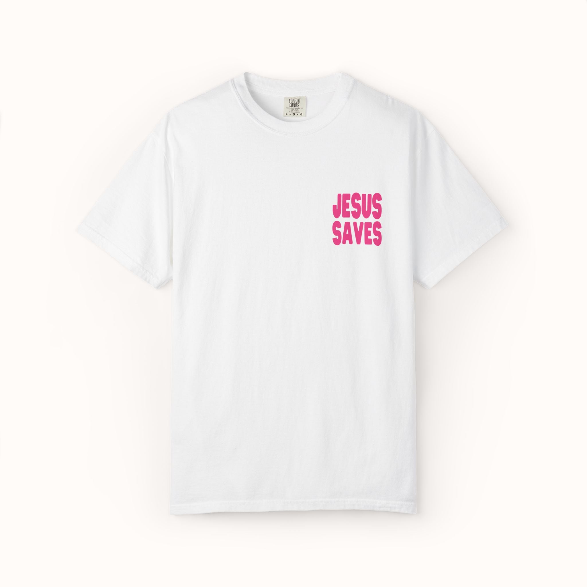 White t-shirt with 'Jesus Saves' in pink on a white background