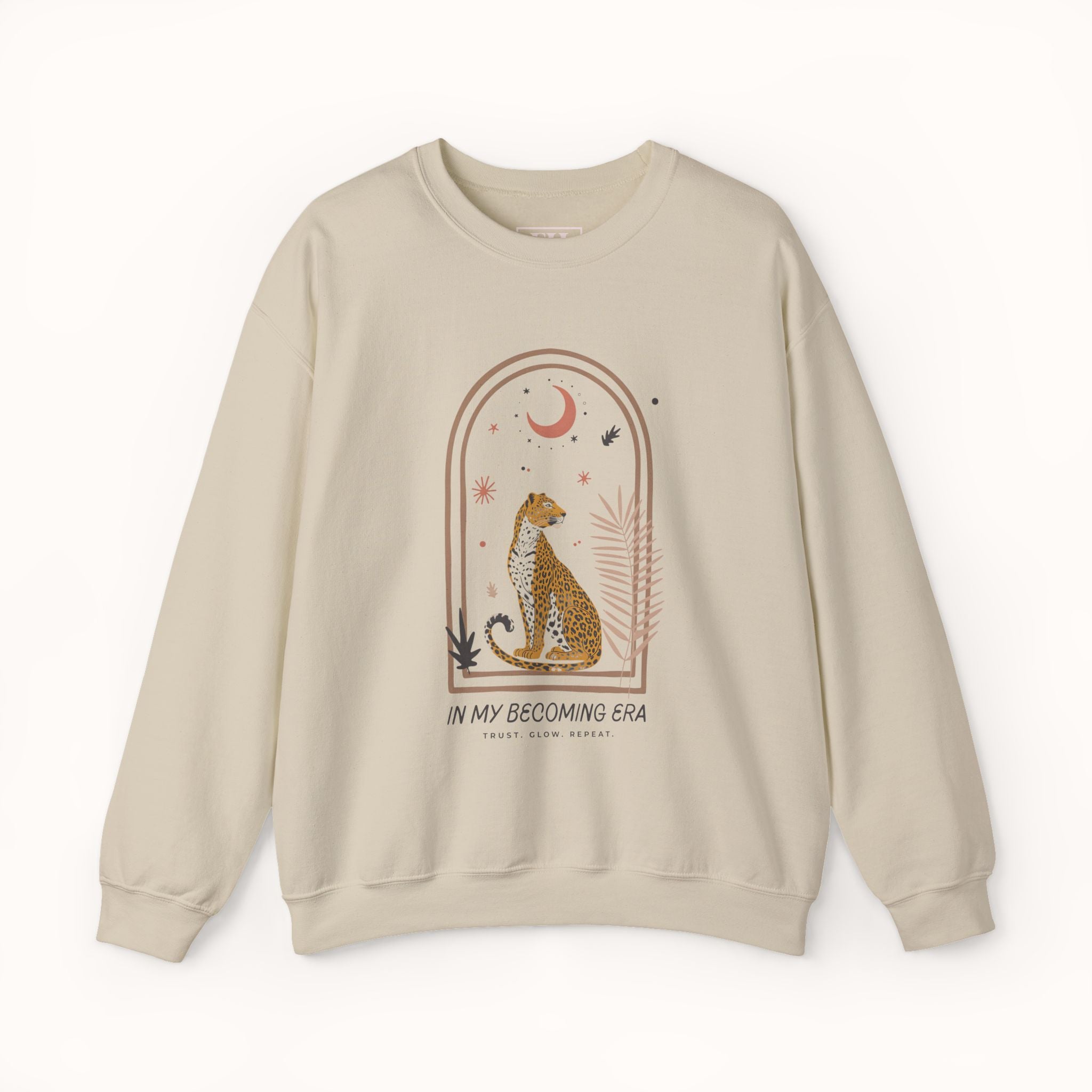 Beige sweatshirt with cheetah graphic and text on a white background