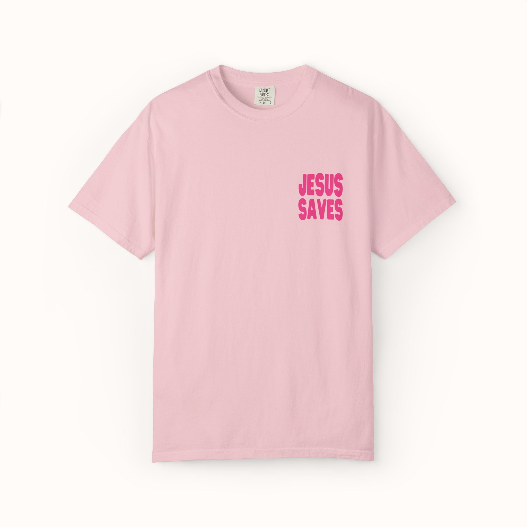 Pink t-shirt with 'Jesus Saves' text on a white background