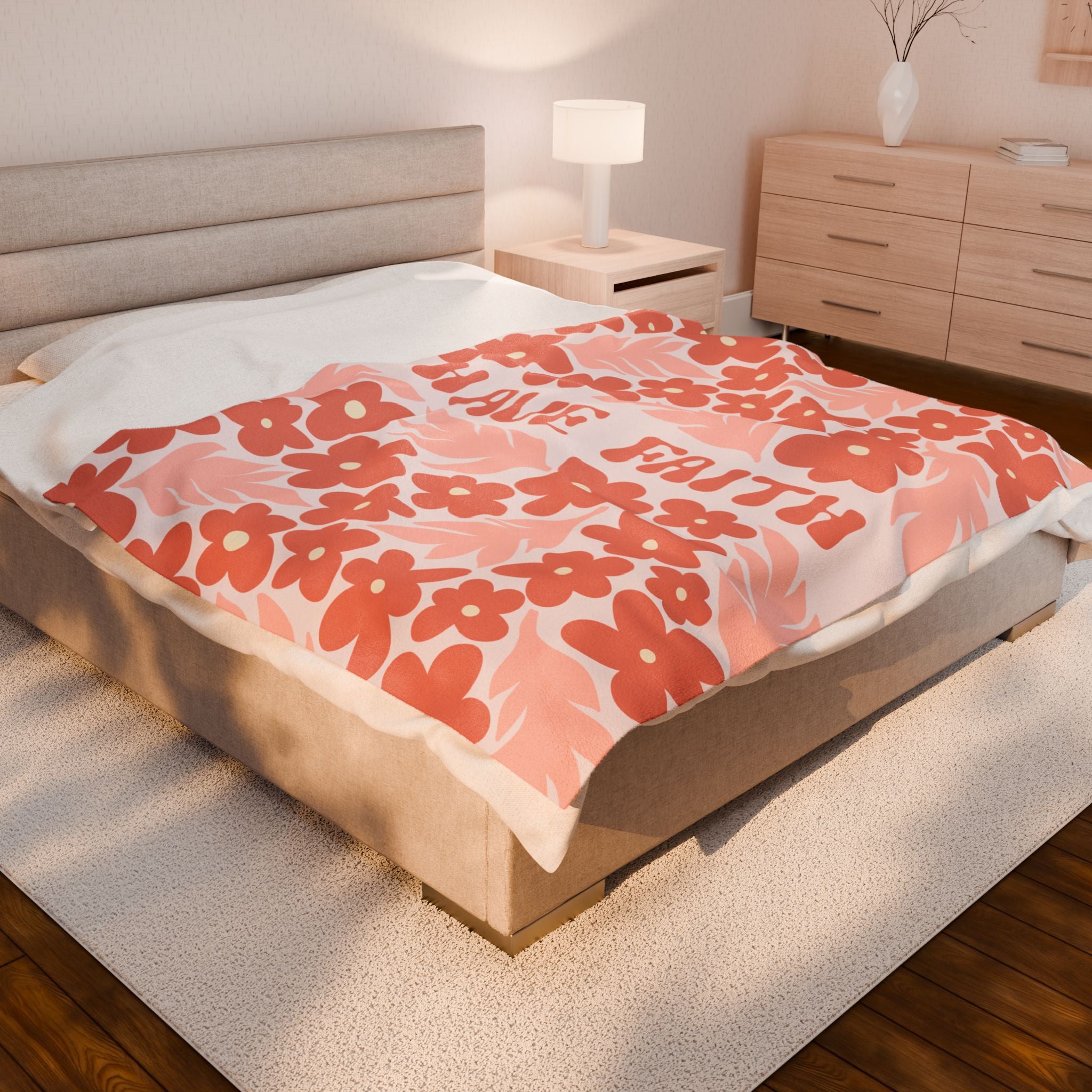 Pink peach floral throw blanket with inspirational “Have Faith” quote in retro lettering