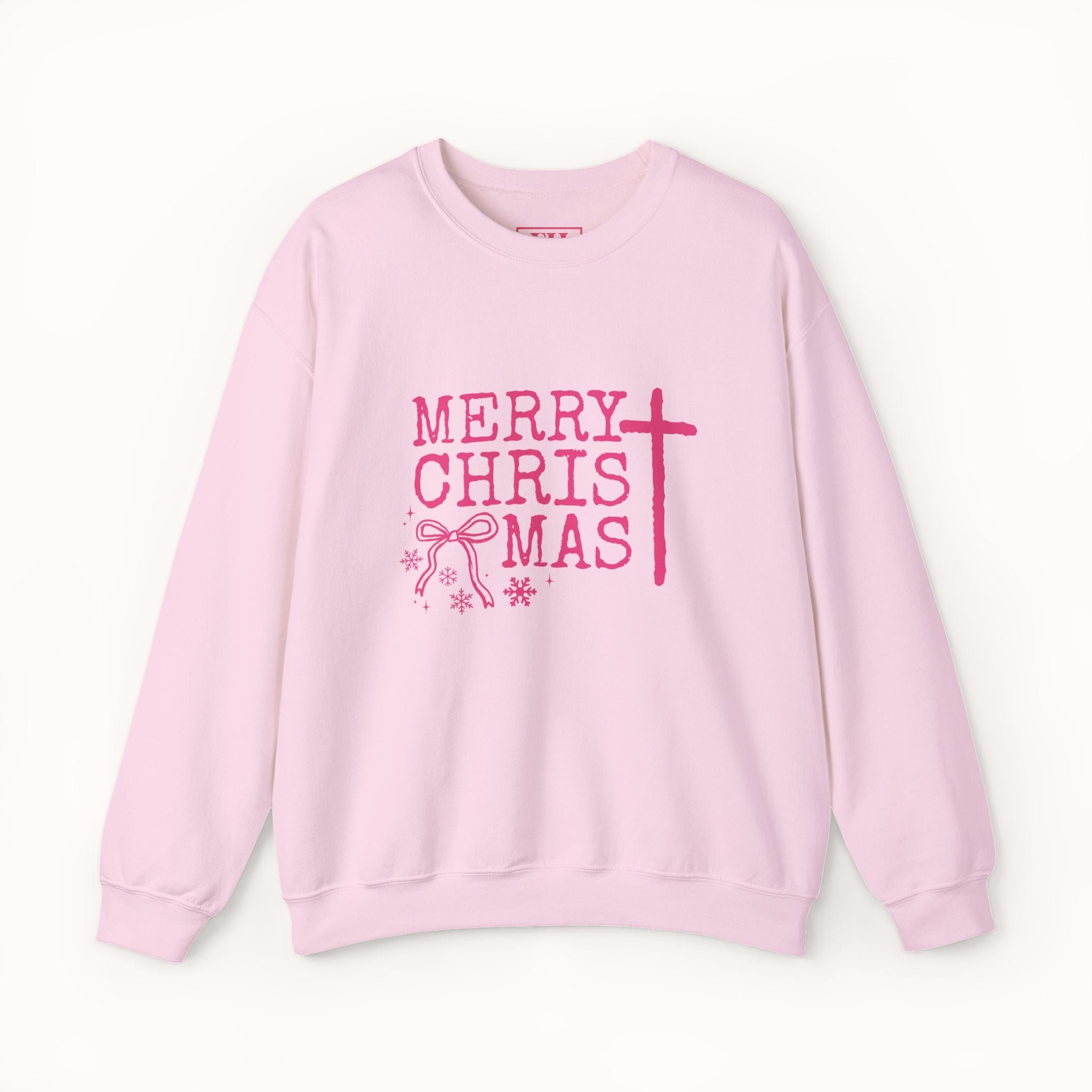 Pink sweatshirt with 'Merry Christmas' text on a white background, Christian christmas jumper